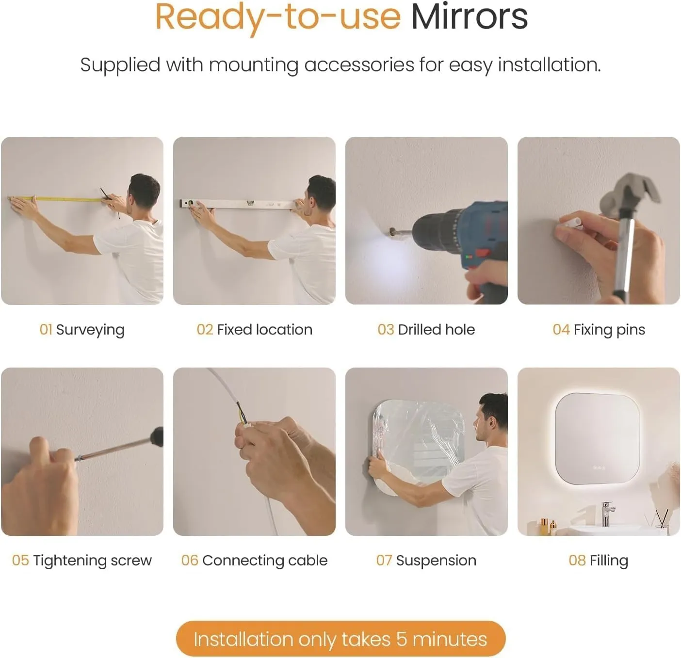 SANIF® Premium Round Glass Wall Mounted Backlit Led Light Mirror (24 x 24 Inch) LED Mirror for Bathroom with 3 Lighting Options, Unframed