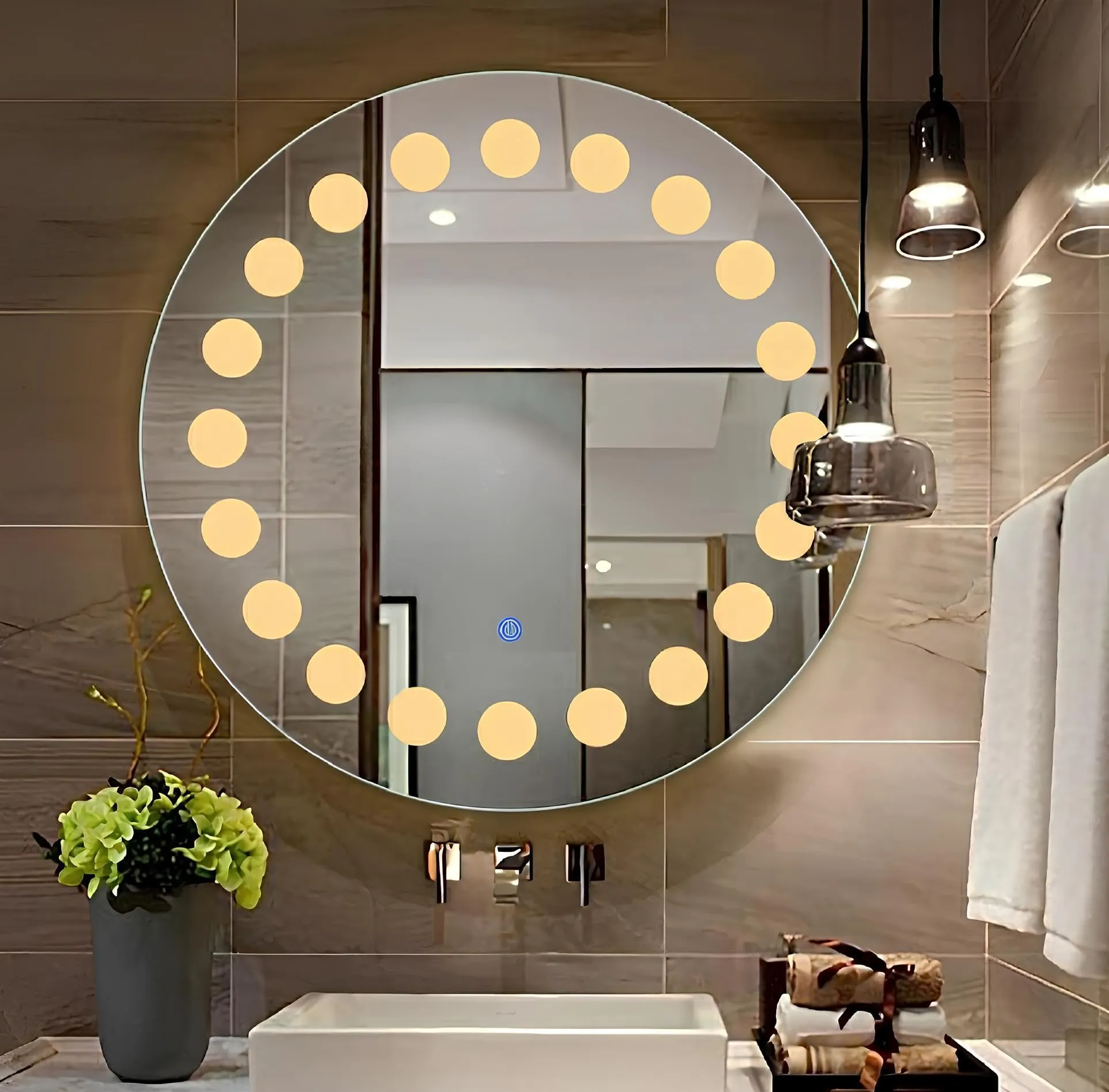 SANIF® Superior Frameless Round LED Wall Mounted Mirror, 24 x 24 Inch Mirror for Bathroom, with Warm, Cool, and Natural Lighting