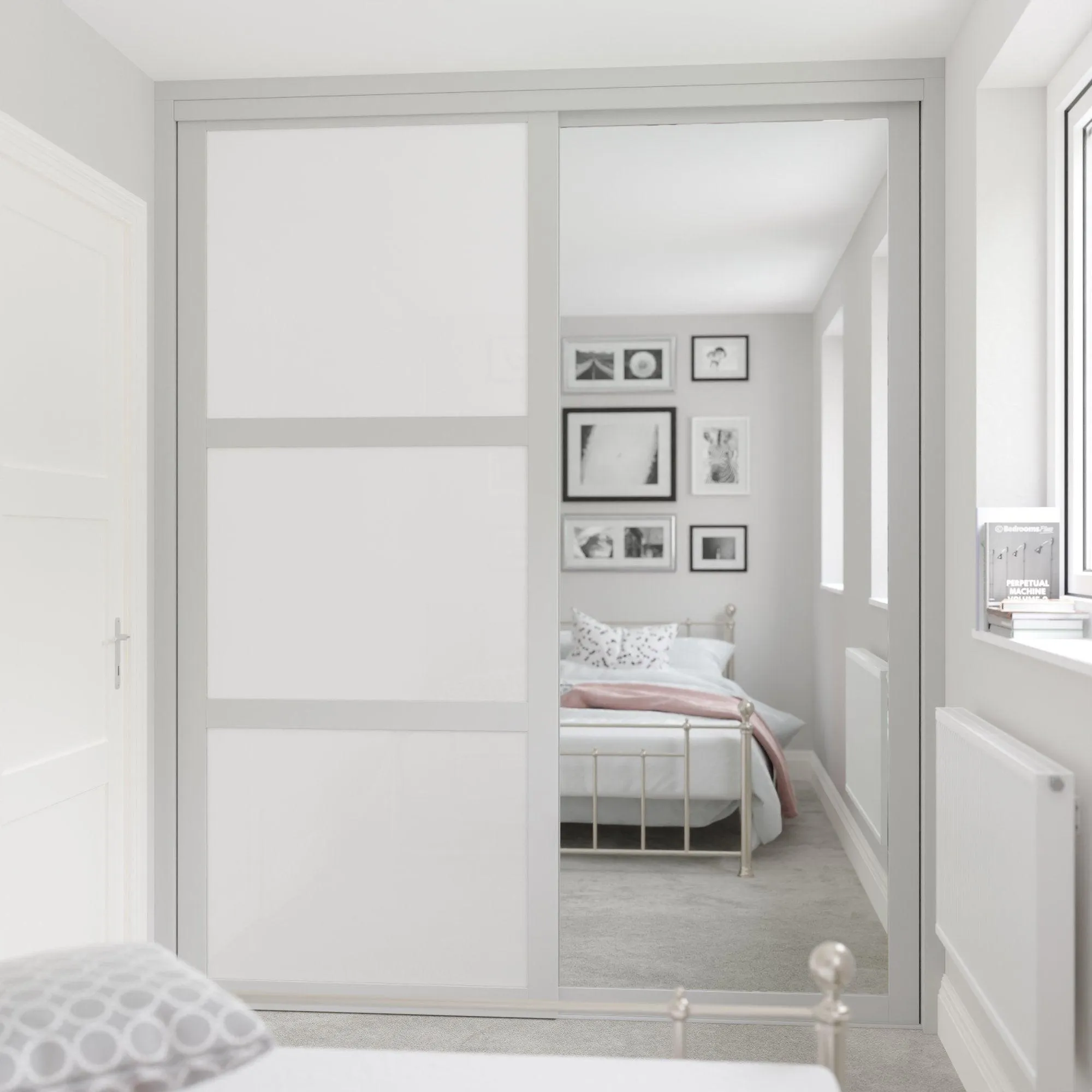 Shaker Light Grey Frame White Glass 2 Door Mirror Sliding Wardrobe Kit