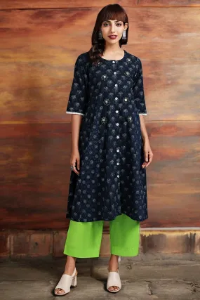 side panel a-line button down kurta - onyx glitter & green daylily