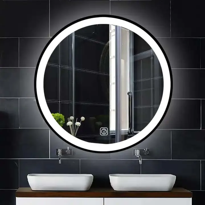 SiSAH Round Mirror Framed led Bathroom Mirror (Black)