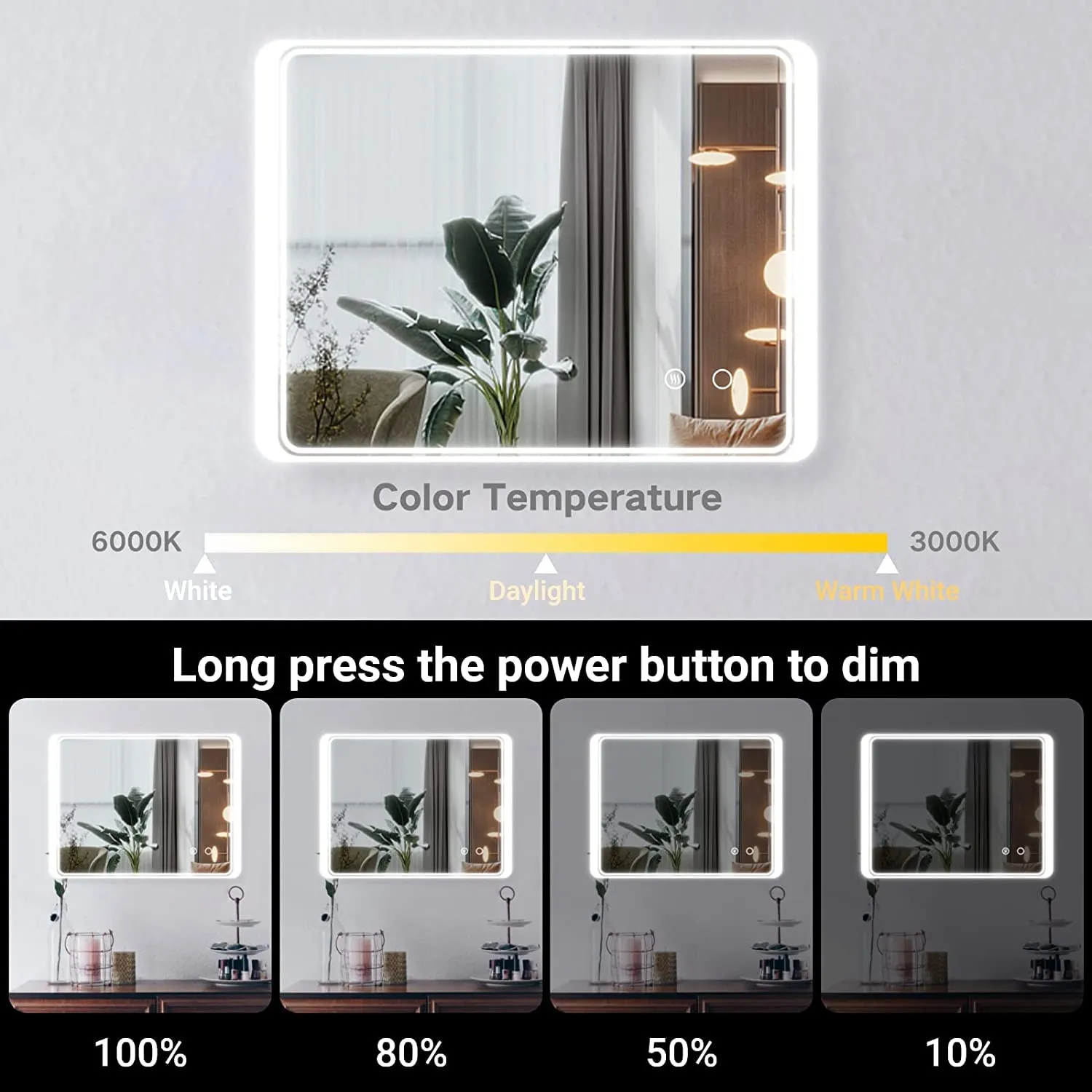 SmileSellers Led mirror | Backlit Bathroom Mirror with Imported Touch Sensor   Dimmer   White Light   Cool Day Light   Warm Light | 24X18 Inch(Framed, Rectangular)