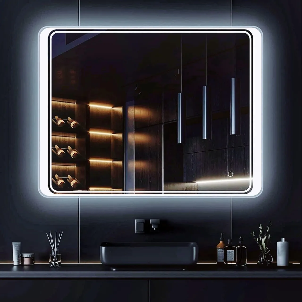 SmileSellers Led mirror | Backlit Bathroom Mirror with Imported Touch Sensor   Dimmer   White Light   Cool Day Light   Warm Light | 24X18 Inch(Framed, Rectangular)