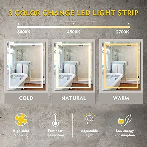 SmileSellers Led Mirror Modern & Contemporary LED Lighted Anti-Fog Bathroom Vanity Mirror with 3 Colors Dimmable Light 24x40 Inches