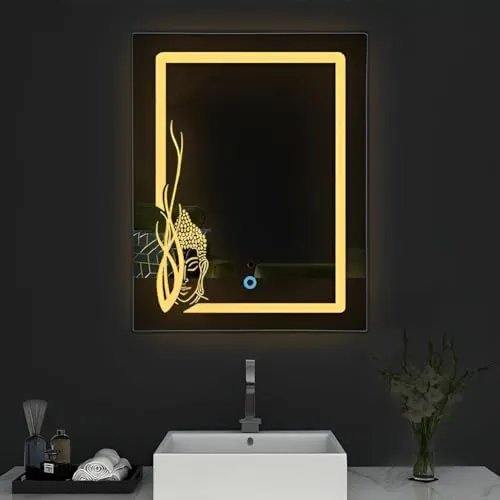 SmileSellers Led Mirror with Buddha Large Front Light Mirror (30x24 inch) (WhiteLight WarmLight Cool Day Light) (Rectangular, Framed, Wall Mounting)