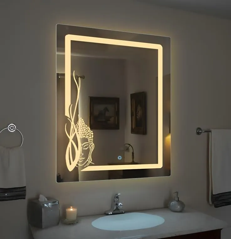 SmileSellers Led Mirror with Buddha Large Front Light Mirror (30x24 inch) (WhiteLight WarmLight Cool Day Light) (Rectangular, Framed, Wall Mounting)