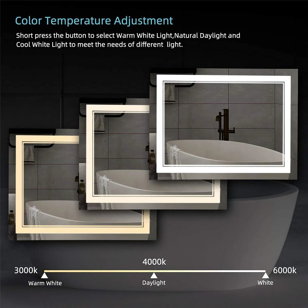 SmileSellers Led Mirror with Imported Touch Sensor Wall Mounted Makeup Large Front 3 Color Changing Light White   Warm   Cool Day Light  Dimmer   Defogger (30X24 Inch)(Framed, Rectangular)