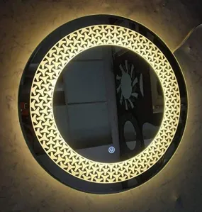 SmileSellers Led Round Mirror with Imported Touch Sensor   Dimmer   One Touch 3 Color Changing Light Warm , Cool Day Light , White Wall Mounted Backlit for Bathroom Drawing Room (24x24)