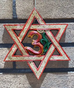 Star Of David Om Sign Hand-Carved Wooden Panel (M)