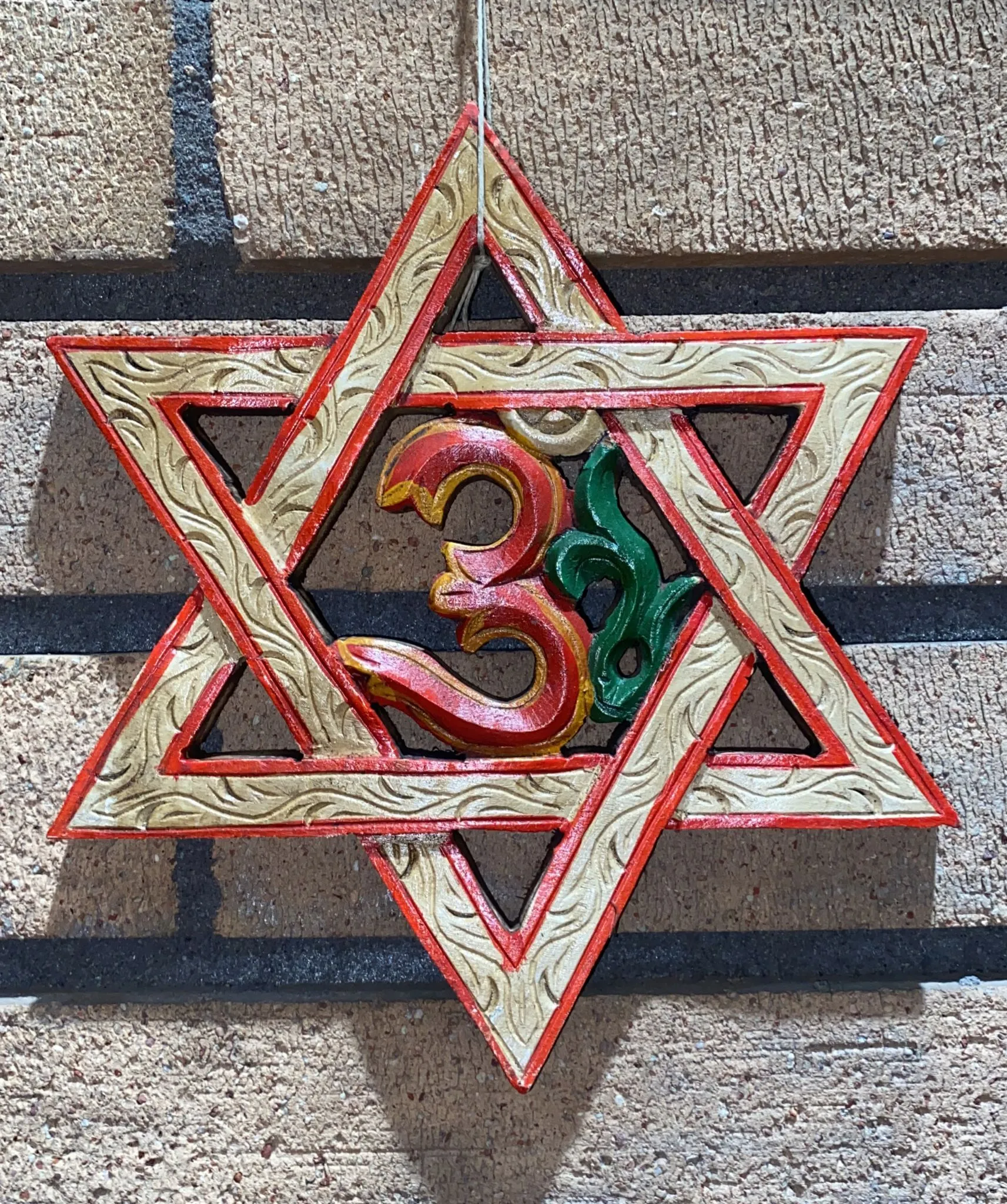 Star Of David Om Sign Hand-Carved Wooden Panel (M)