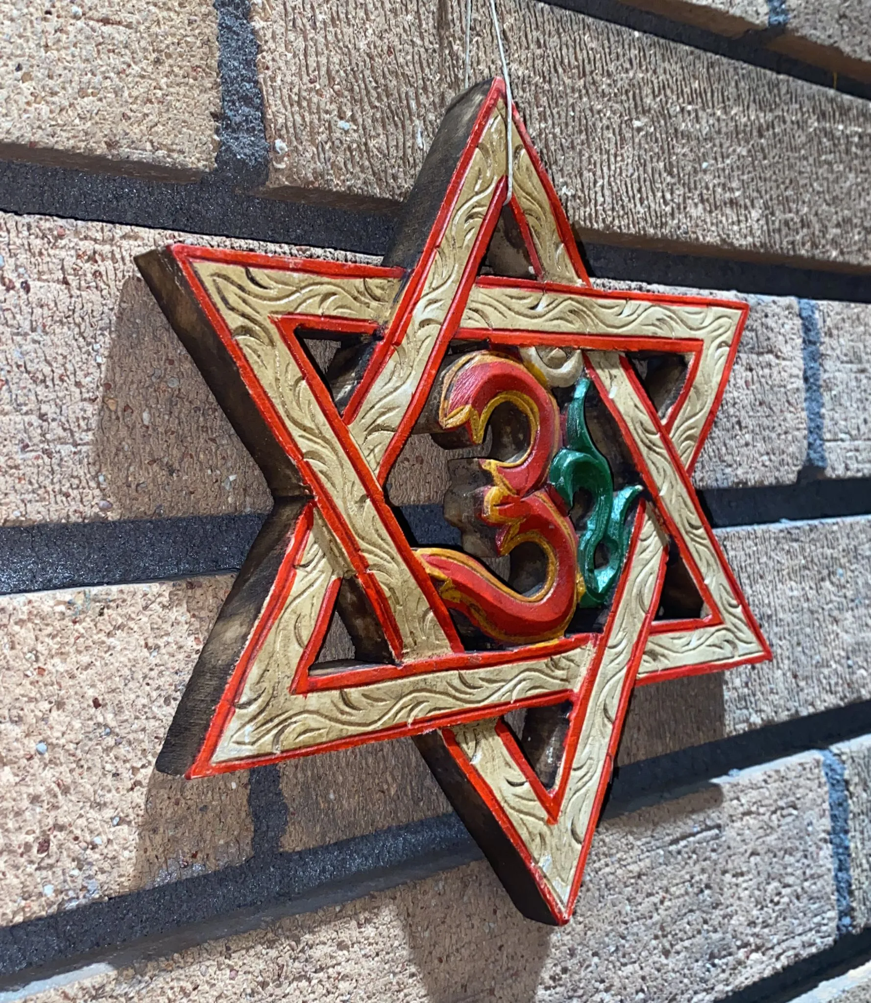 Star Of David Om Sign Hand-Carved Wooden Panel (M)