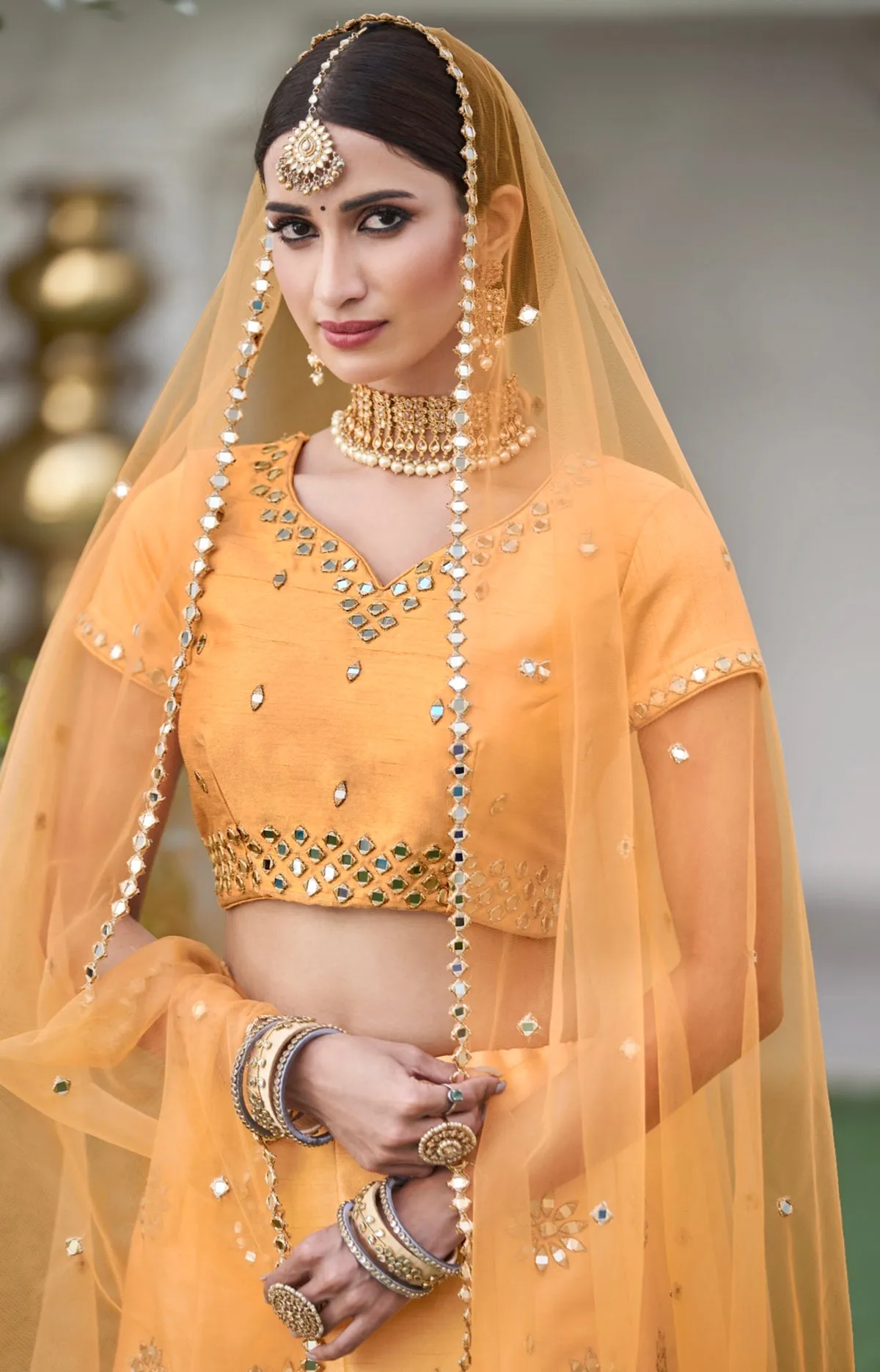 Stunning Mustard Yellow Mirror Work Lehenga Choli with Dupatta