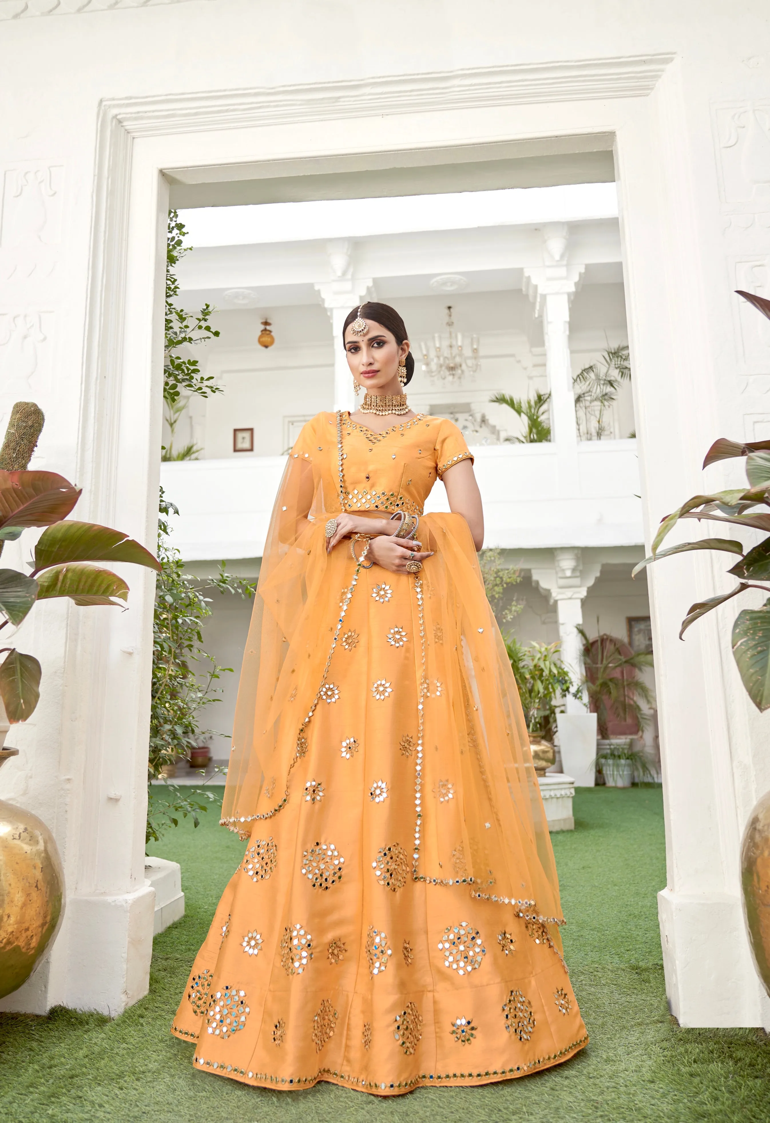 Stunning Mustard Yellow Mirror Work Lehenga Choli with Dupatta
