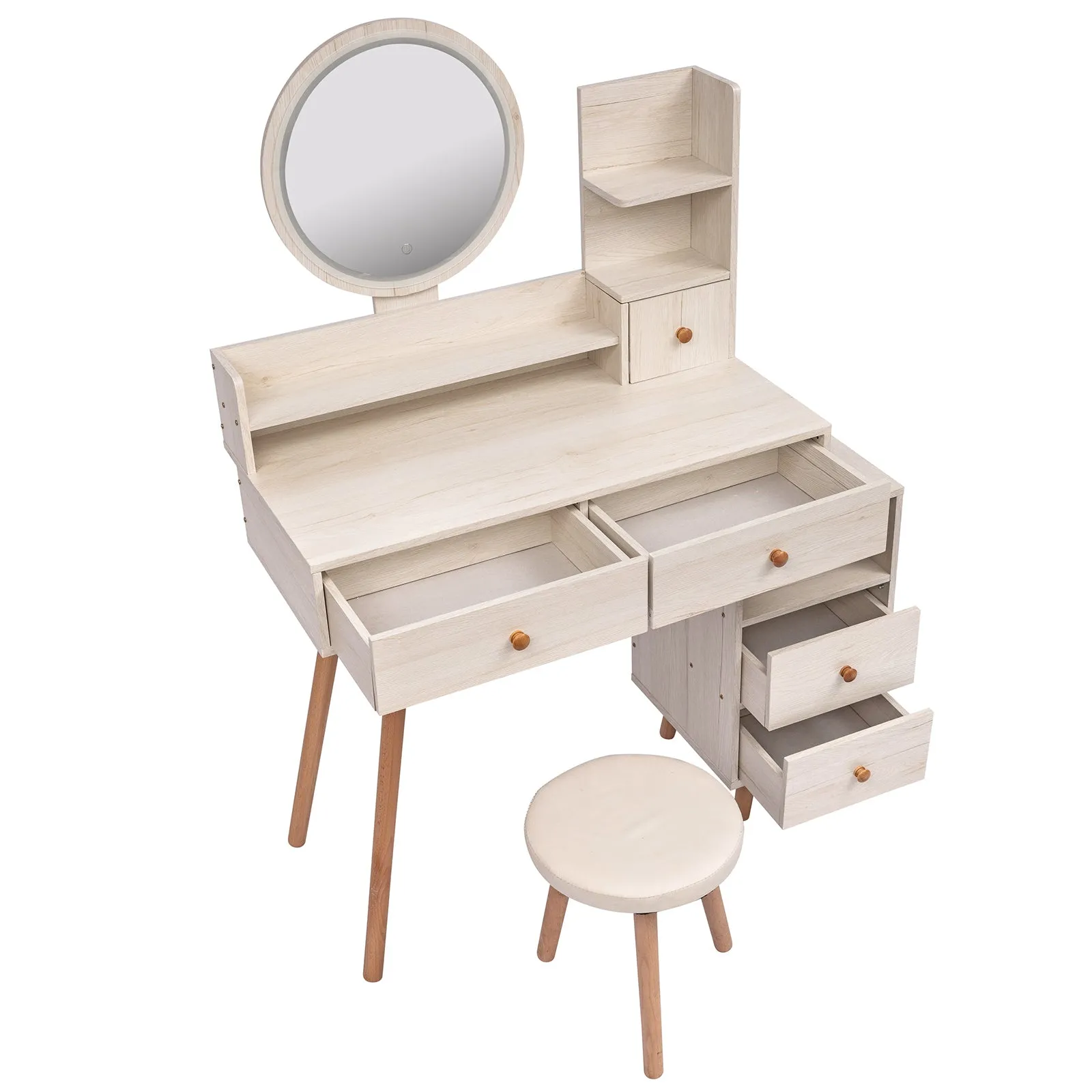 Stylish Vanity Table   Cushioned Stool, Touch Control LED Mirror, Large Capacity Storage Cabinet, 5 Drawers, Fashionable Makeup Furniture, Length Adjustable(L31.5"-43.2"x W15.8" x H48.1")