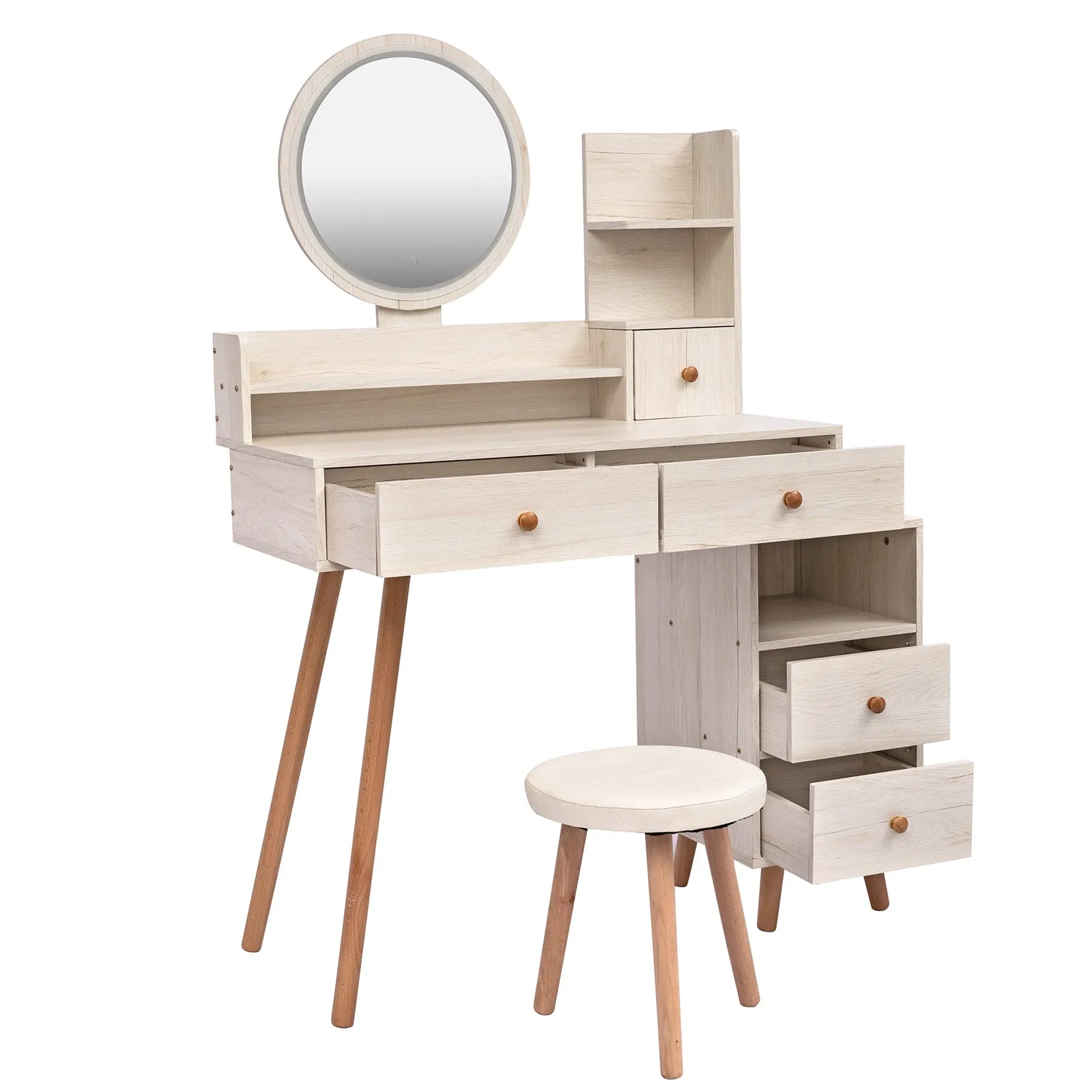 Stylish Vanity Table   Cushioned Stool, Touch Control LED Mirror, Large Capacity Storage Cabinet, 5 Drawers, Fashionable Makeup Furniture, Length Adjustable(L31.5"-43.2"x W15.8" x H48.1")