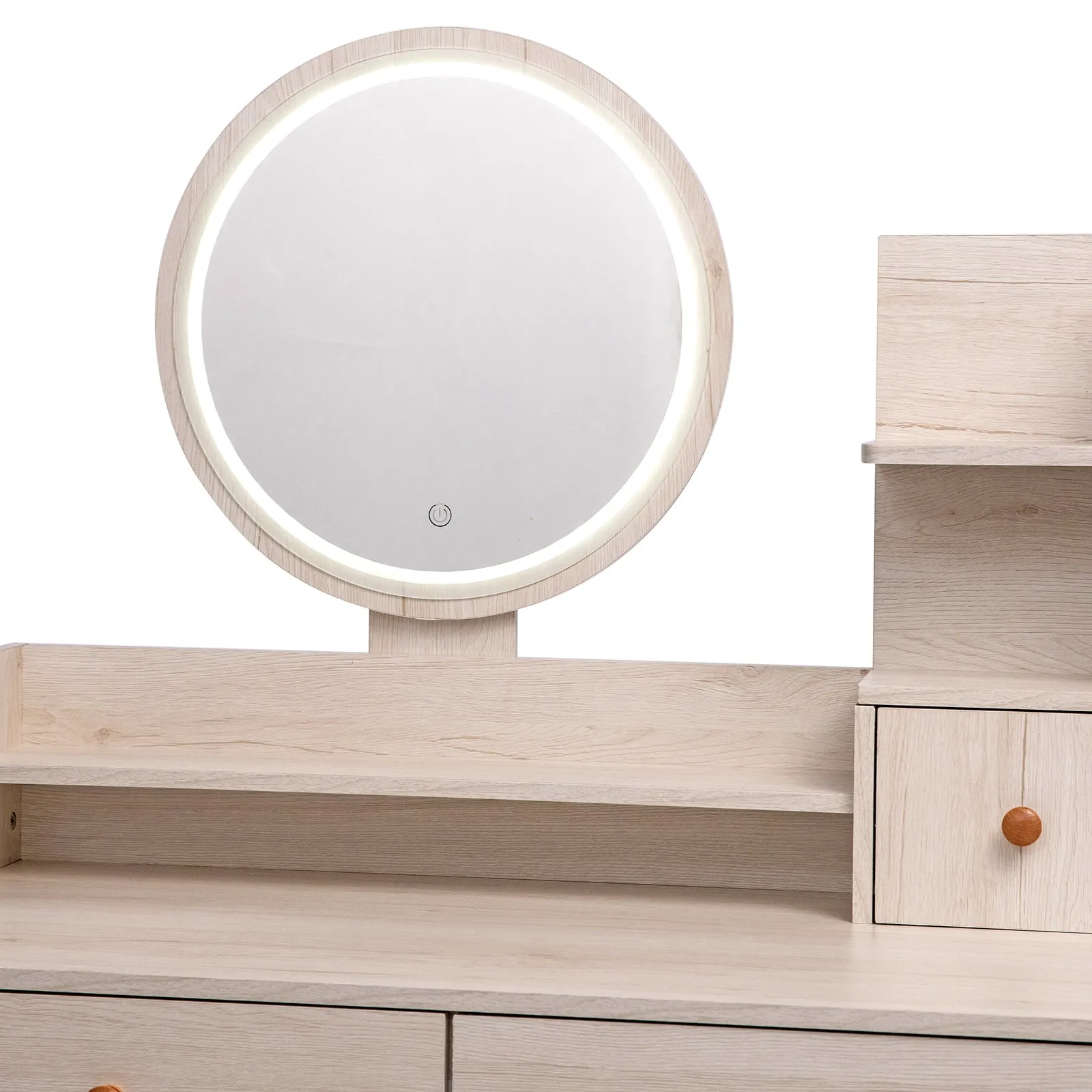 Stylish Vanity Table   Cushioned Stool, Touch Control LED Mirror, Large Capacity Storage Cabinet, 5 Drawers, Fashionable Makeup Furniture, Length Adjustable(L31.5"-43.2"x W15.8" x H48.1")