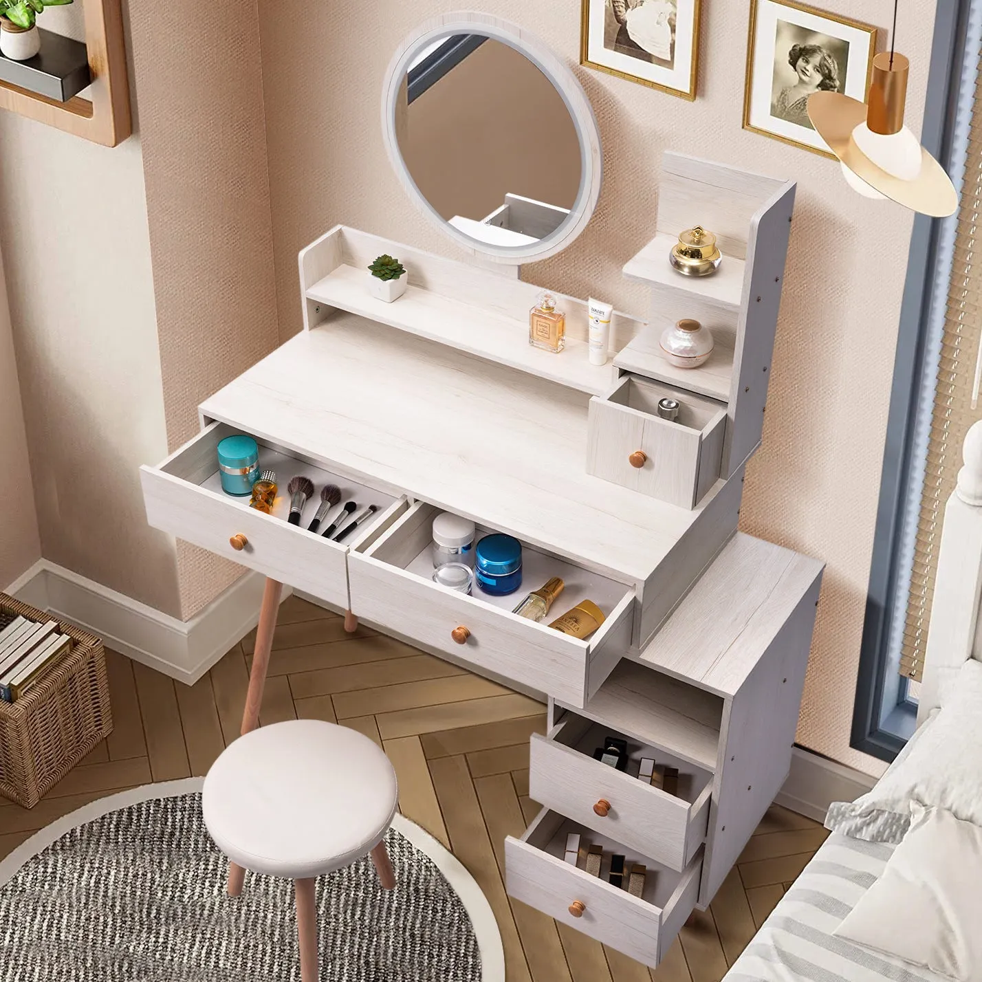 Stylish Vanity Table   Cushioned Stool, Touch Control LED Mirror, Large Capacity Storage Cabinet, 5 Drawers, Fashionable Makeup Furniture, Length Adjustable(L31.5"-43.2"x W15.8" x H48.1")