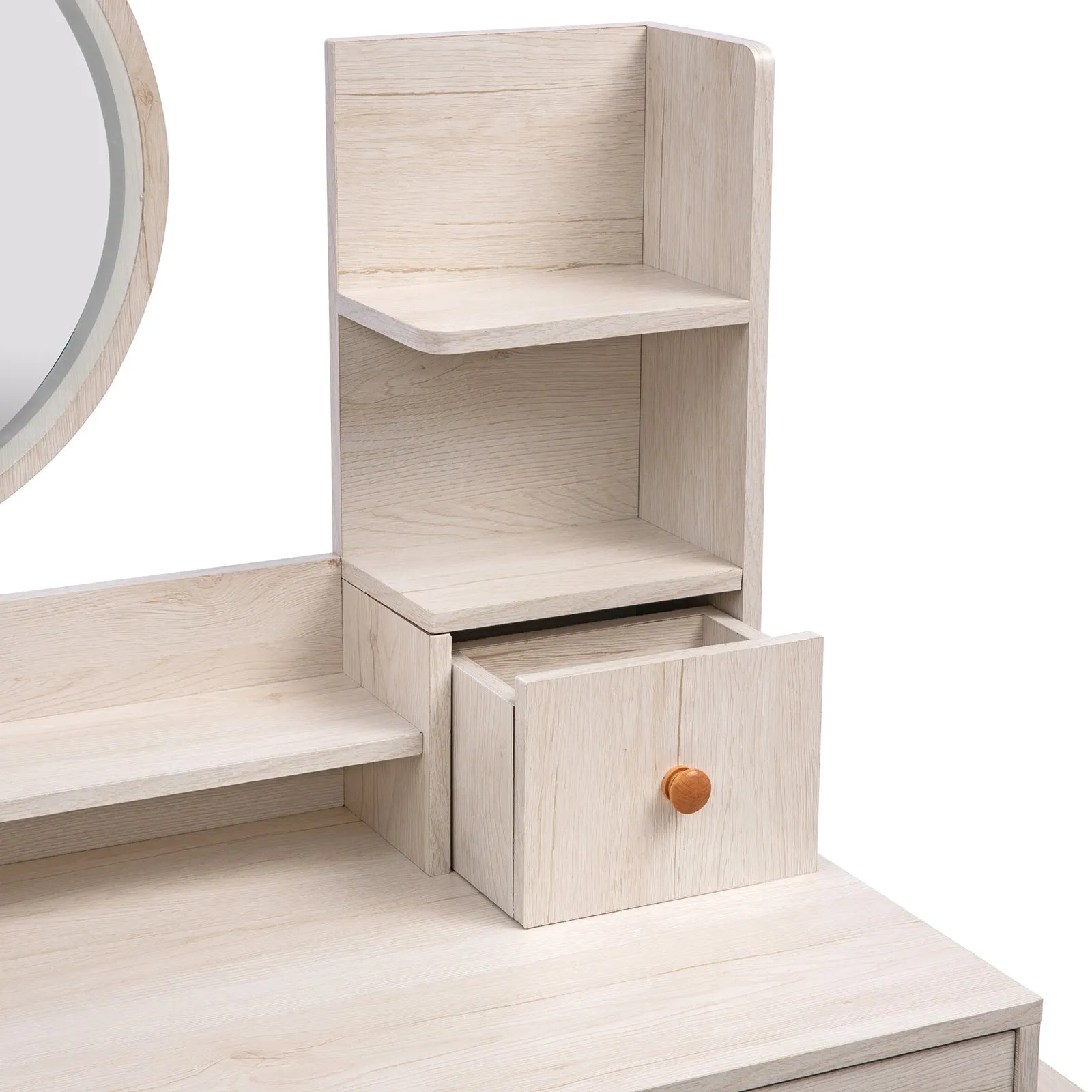 Stylish Vanity Table   Cushioned Stool, Touch Control LED Mirror, Large Capacity Storage Cabinet, 5 Drawers, Fashionable Makeup Furniture, Length Adjustable(L31.5"-43.2"x W15.8" x H48.1")