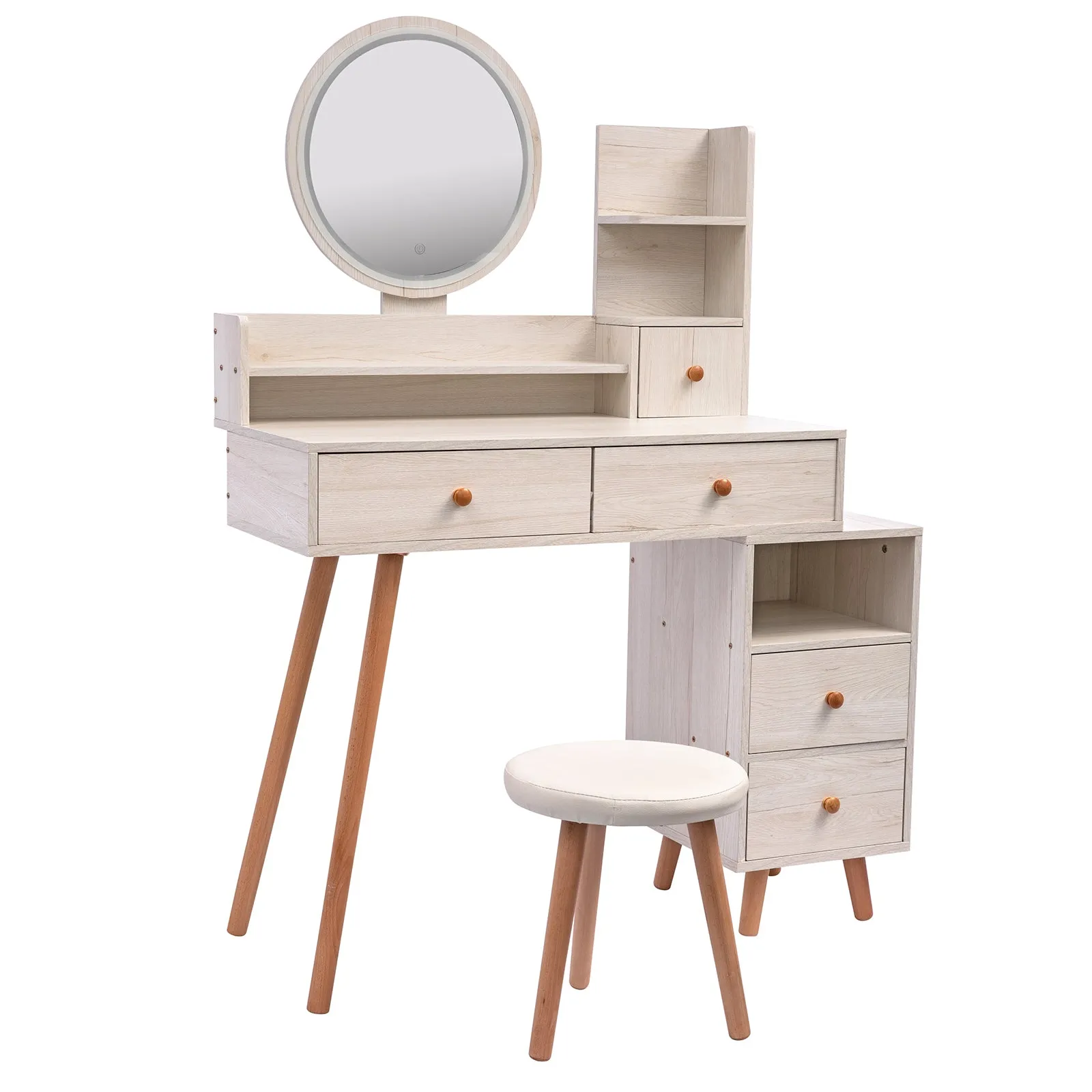 Stylish Vanity Table   Cushioned Stool, Touch Control LED Mirror, Large Capacity Storage Cabinet, 5 Drawers, Fashionable Makeup Furniture, Length Adjustable(L31.5"-43.2"x W15.8" x H48.1")