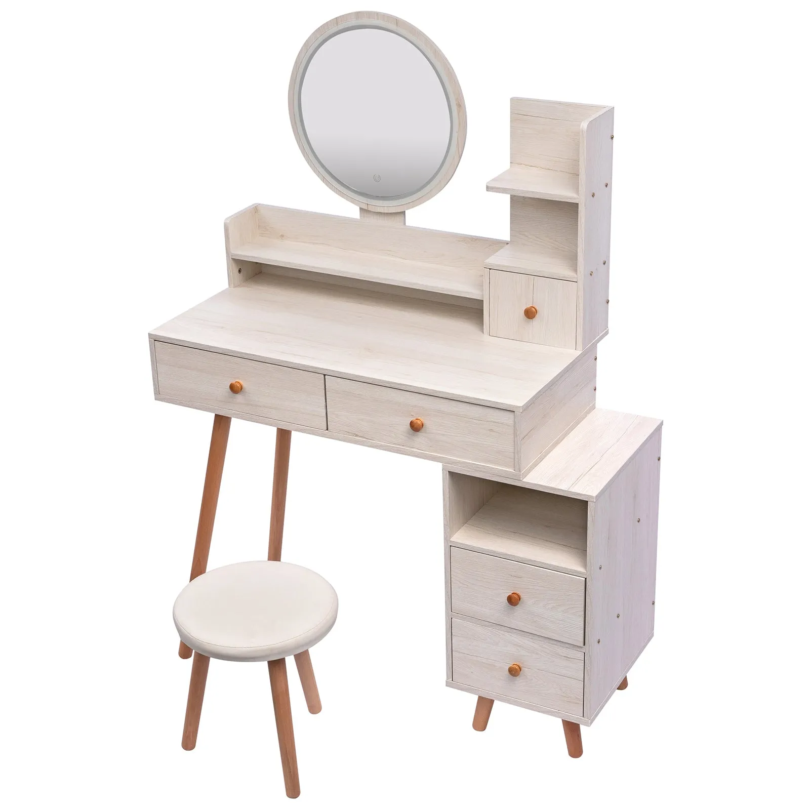 Stylish Vanity Table   Cushioned Stool, Touch Control LED Mirror, Large Capacity Storage Cabinet, 5 Drawers, Fashionable Makeup Furniture, Length Adjustable(L31.5"-43.2"x W15.8" x H48.1")