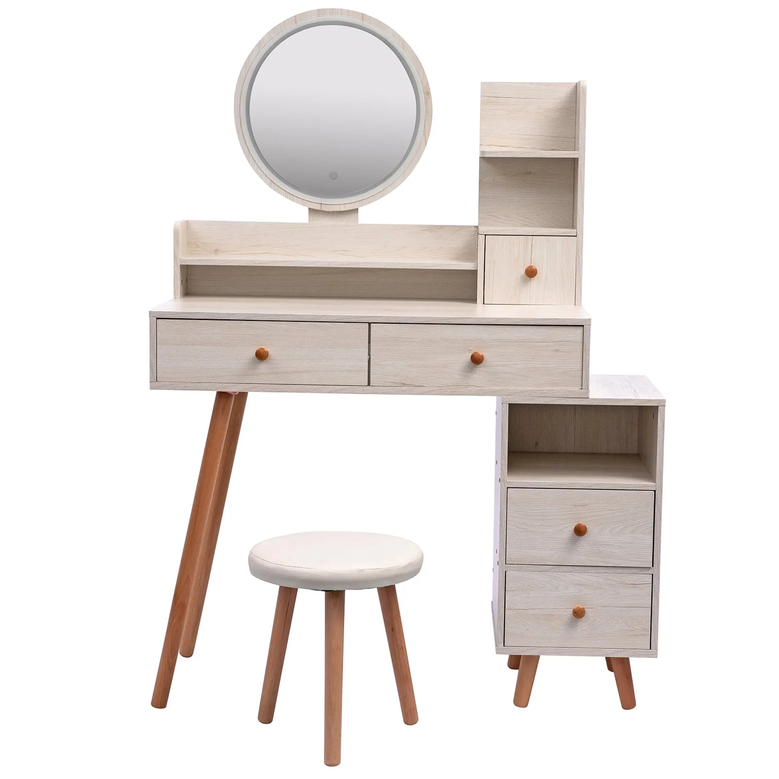 Stylish Vanity Table   Cushioned Stool, Touch Control LED Mirror, Large Capacity Storage Cabinet, 5 Drawers, Fashionable Makeup Furniture, Length Adjustable(L31.5"-43.2"x W15.8" x H48.1")