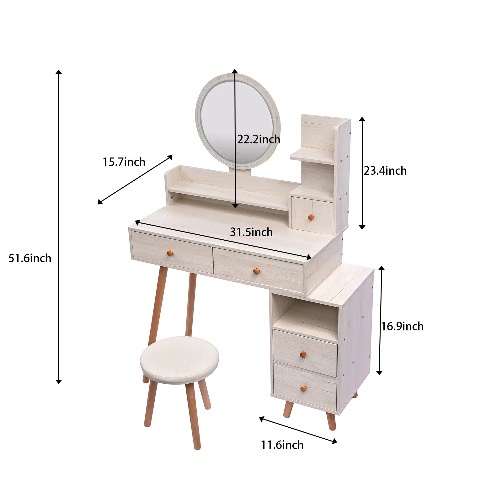 Stylish Vanity Table   Cushioned Stool, Touch Control LED Mirror, Large Capacity Storage Cabinet, 5 Drawers, Fashionable Makeup Furniture, Length Adjustable(L31.5"-43.2"x W15.8" x H48.1")