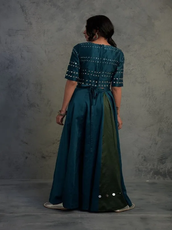Teal Blue Chanderi Wrap Around Lehenga Set (Set of 3)