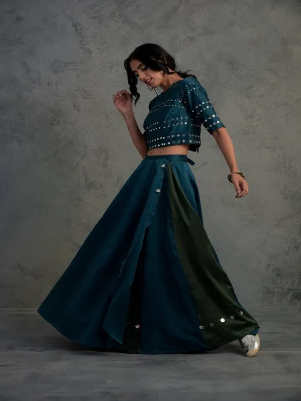 Teal Blue Chanderi Wrap Around Lehenga Set (Set of 3)