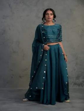 Teal Blue Chanderi Wrap Around Lehenga Set (Set of 3)