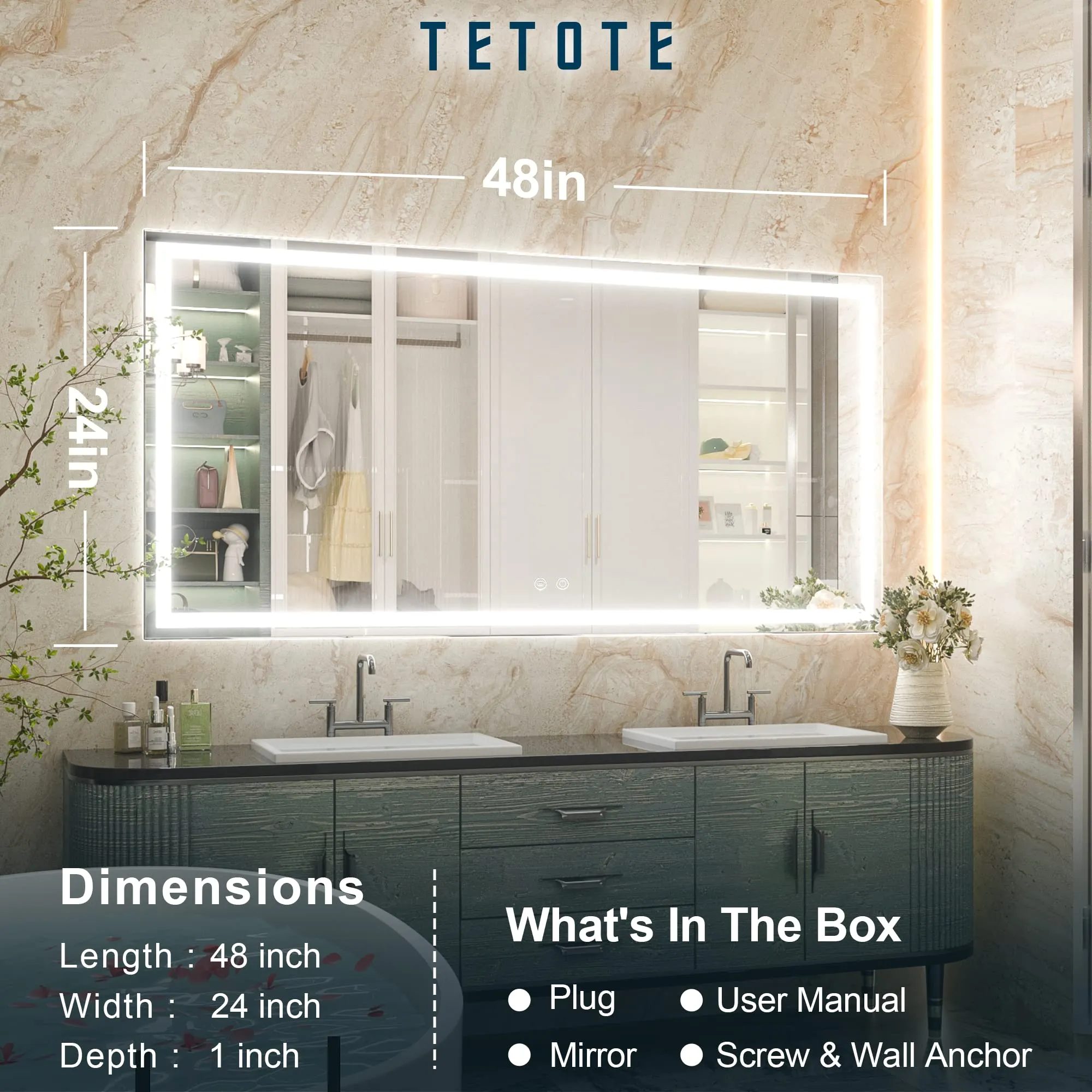 TETOTE 48 x 24 Bathroom LED Mirror Bedroom LED Mirror Bathroom Mirror with Lights Home Decor Vanity Makeup Mirror Dimmable Anti-Fog Wall Mounted