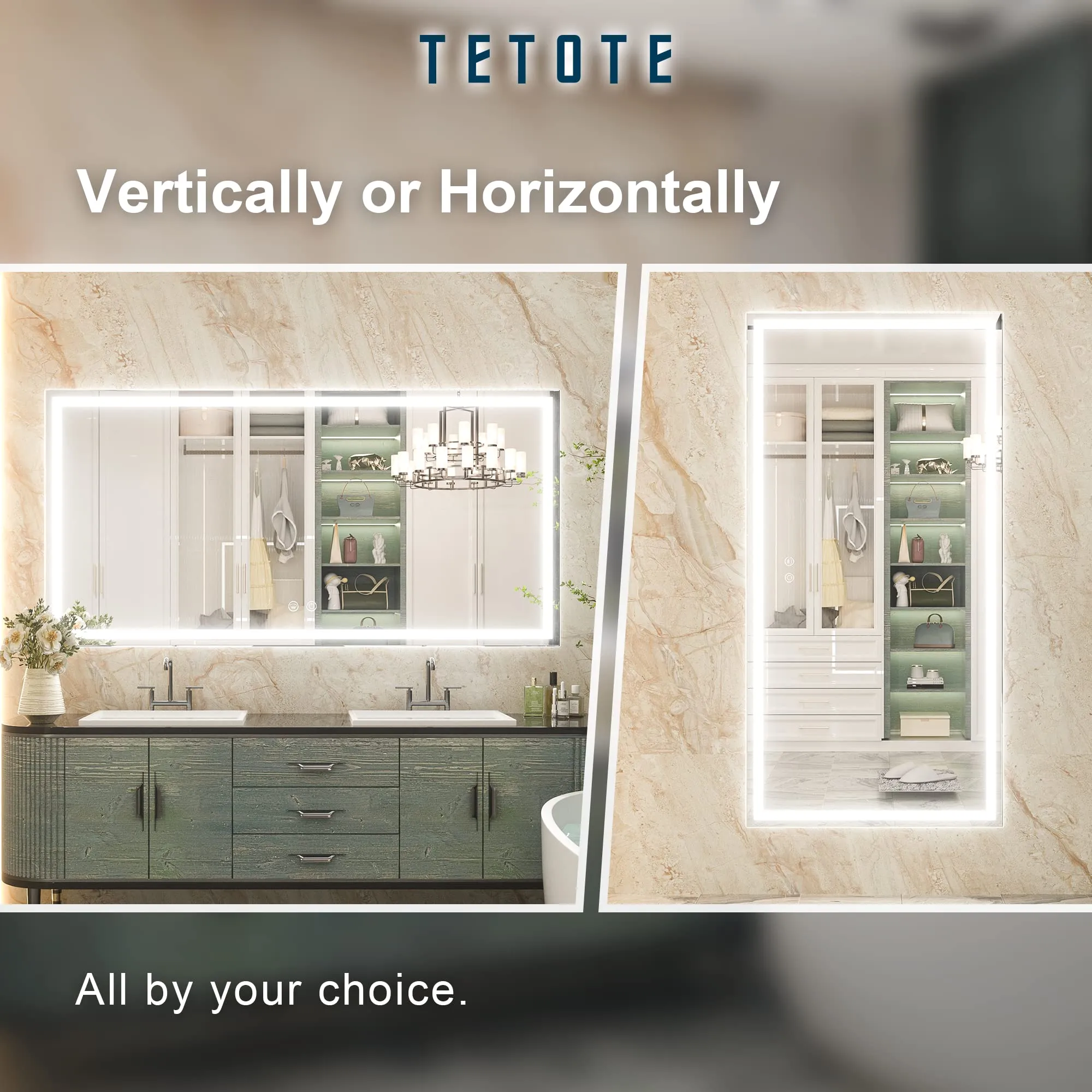 TETOTE 48 x 24 Bathroom LED Mirror Bedroom LED Mirror Bathroom Mirror with Lights Home Decor Vanity Makeup Mirror Dimmable Anti-Fog Wall Mounted