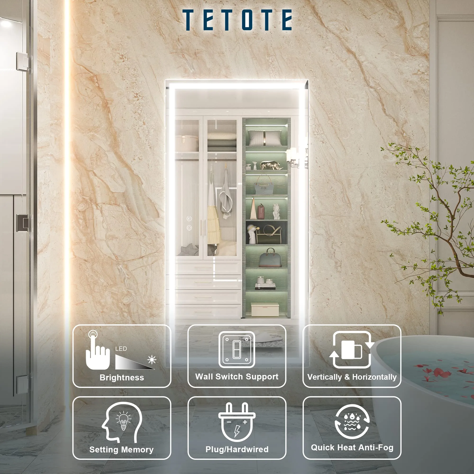 TETOTE 48 x 24 Bathroom LED Mirror Bedroom LED Mirror Bathroom Mirror with Lights Home Decor Vanity Makeup Mirror Dimmable Anti-Fog Wall Mounted