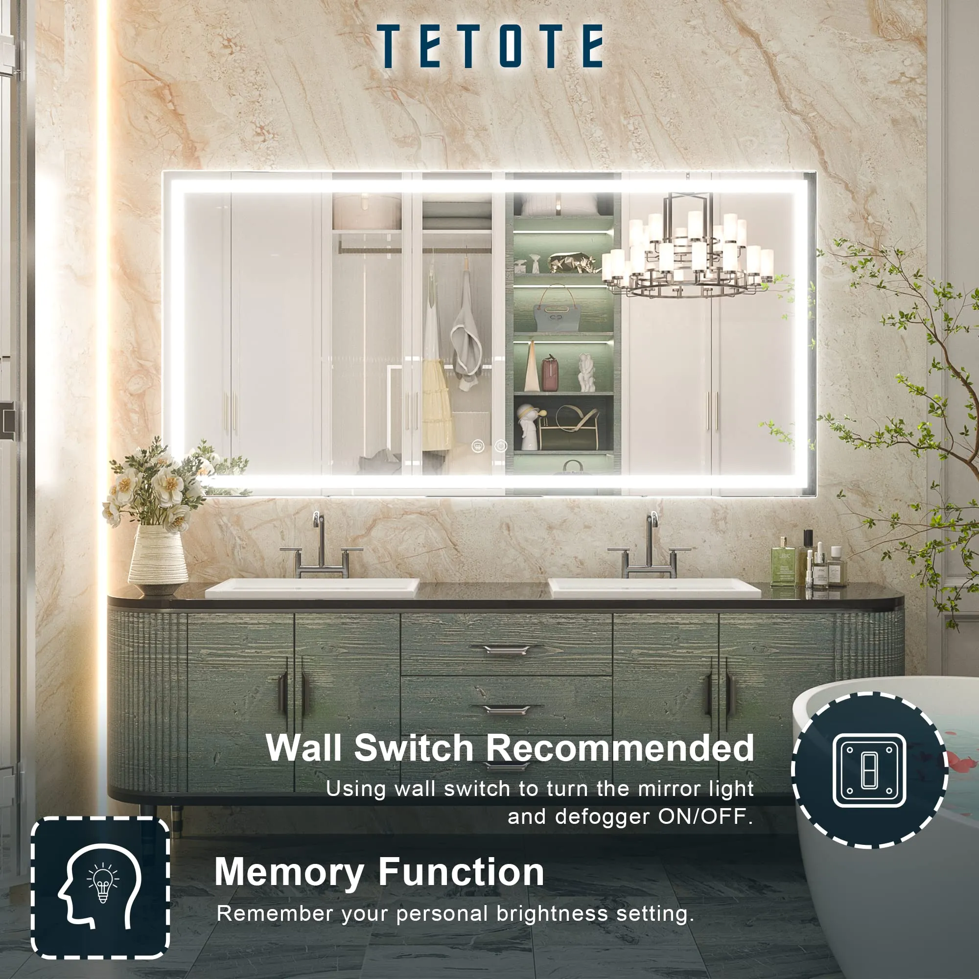 TETOTE 48 x 24 Bathroom LED Mirror Bedroom LED Mirror Bathroom Mirror with Lights Home Decor Vanity Makeup Mirror Dimmable Anti-Fog Wall Mounted