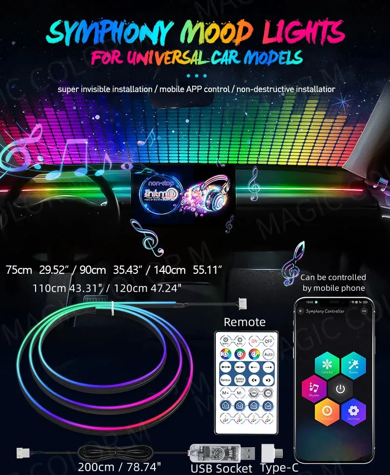 Universal 55" RGB LED Car Ambient Lights with USB APP Remote Control