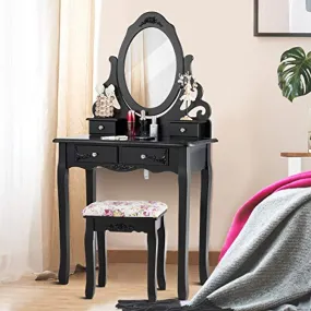 Vanity Dressing Table with Mirror and Stool, 360° Rotating Oval Makeup Mirror
