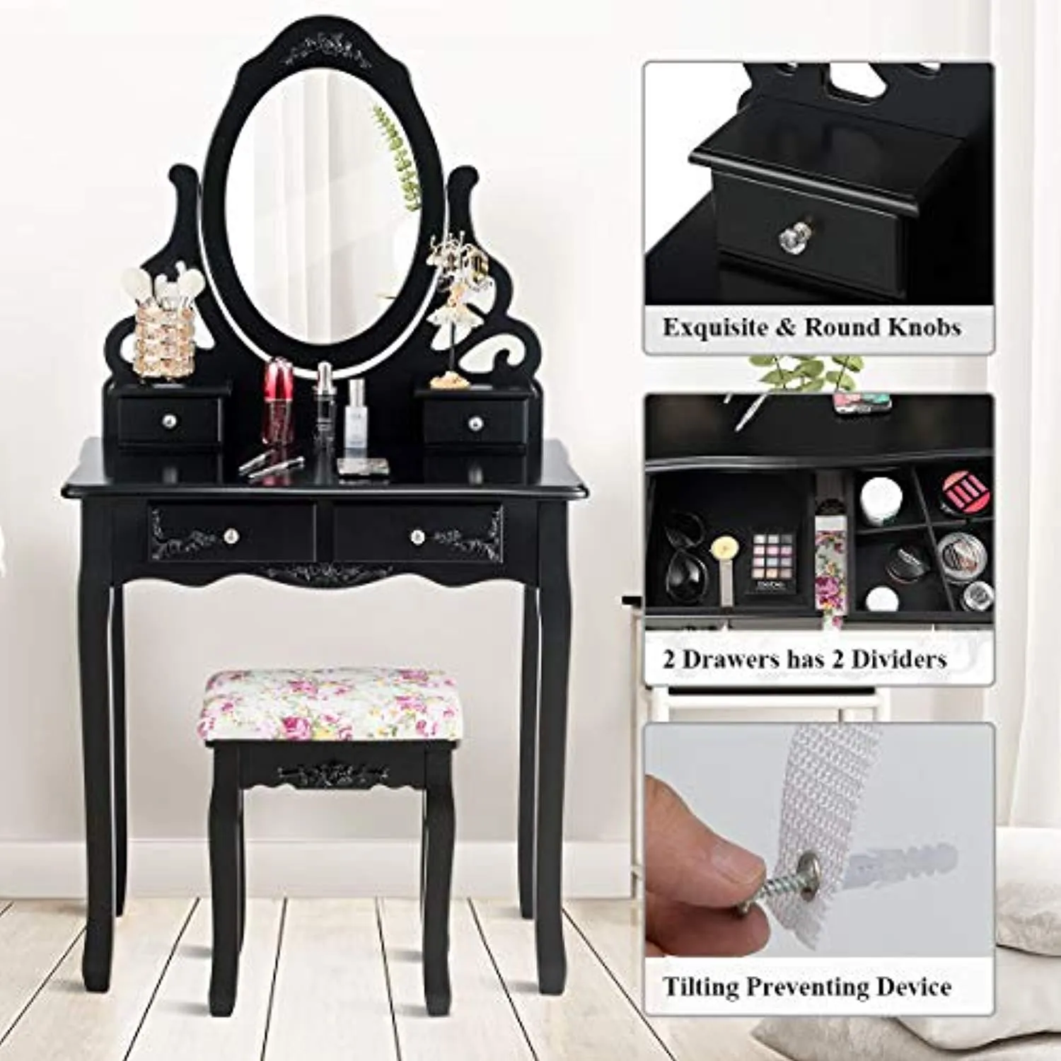 Vanity Dressing Table with Mirror and Stool, 360° Rotating Oval Makeup Mirror