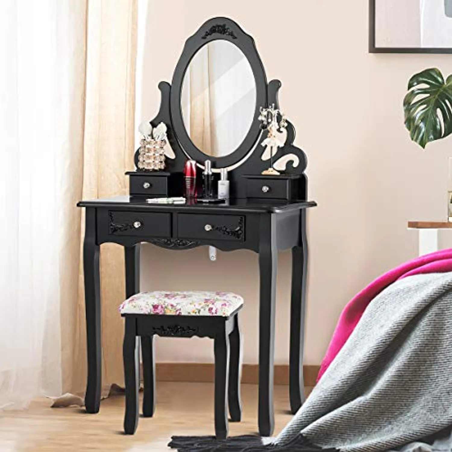 Vanity Dressing Table with Mirror and Stool, 360° Rotating Oval Makeup Mirror