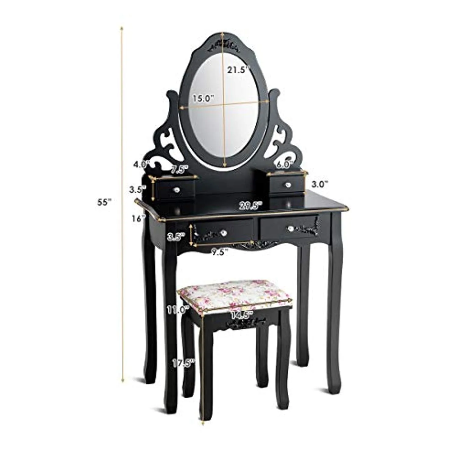 Vanity Dressing Table with Mirror and Stool, 360° Rotating Oval Makeup Mirror