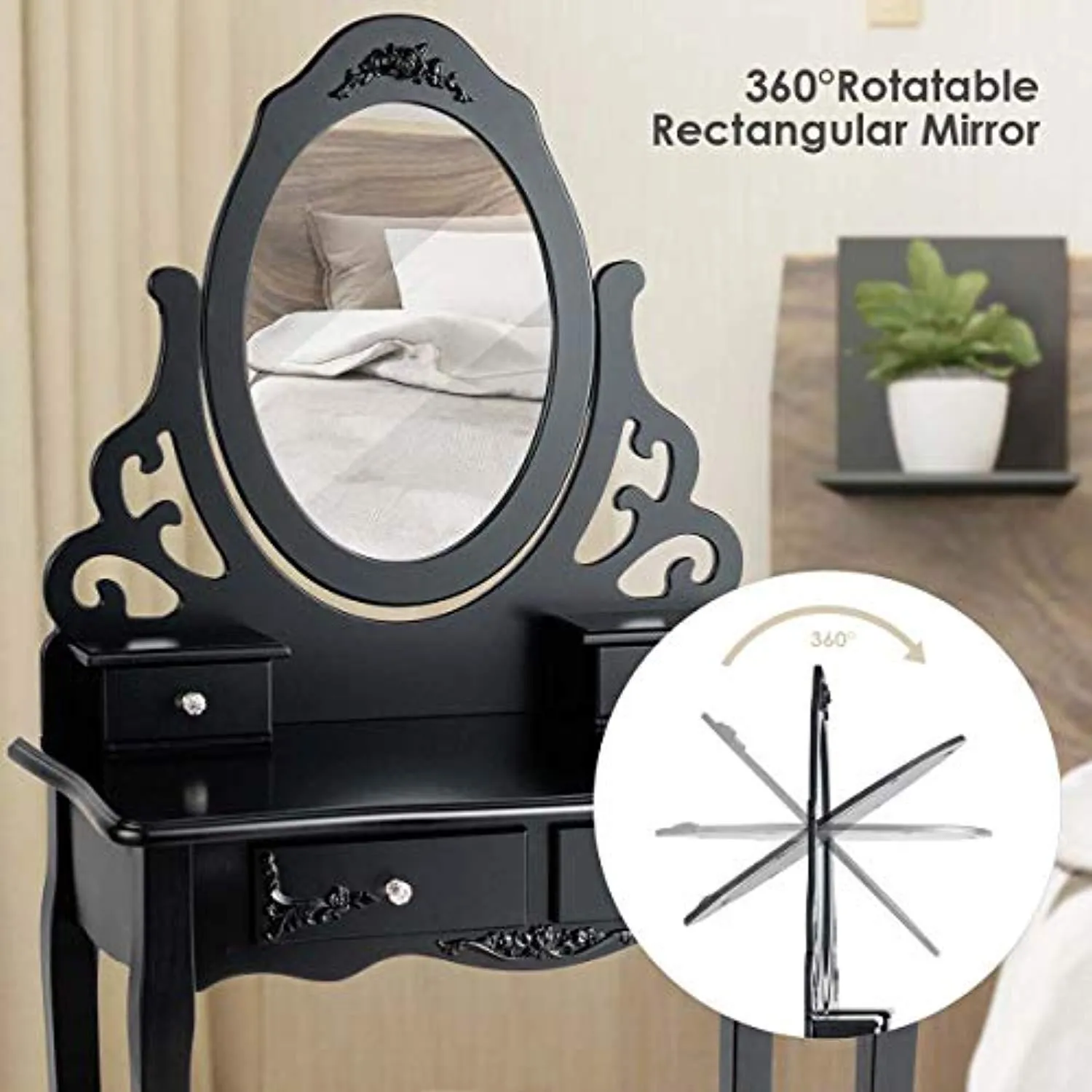 Vanity Dressing Table with Mirror and Stool, 360° Rotating Oval Makeup Mirror