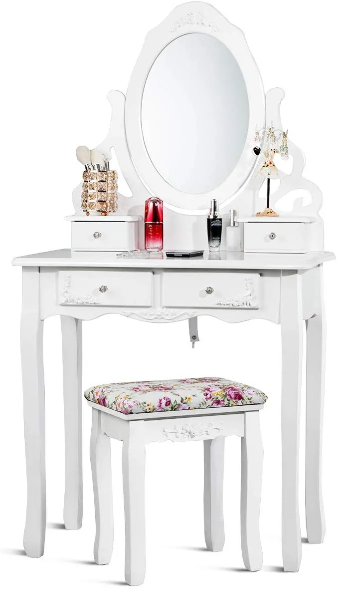 Vanity Dressing Table with Mirror and Stool, 360° Rotating Oval Makeup Mirror