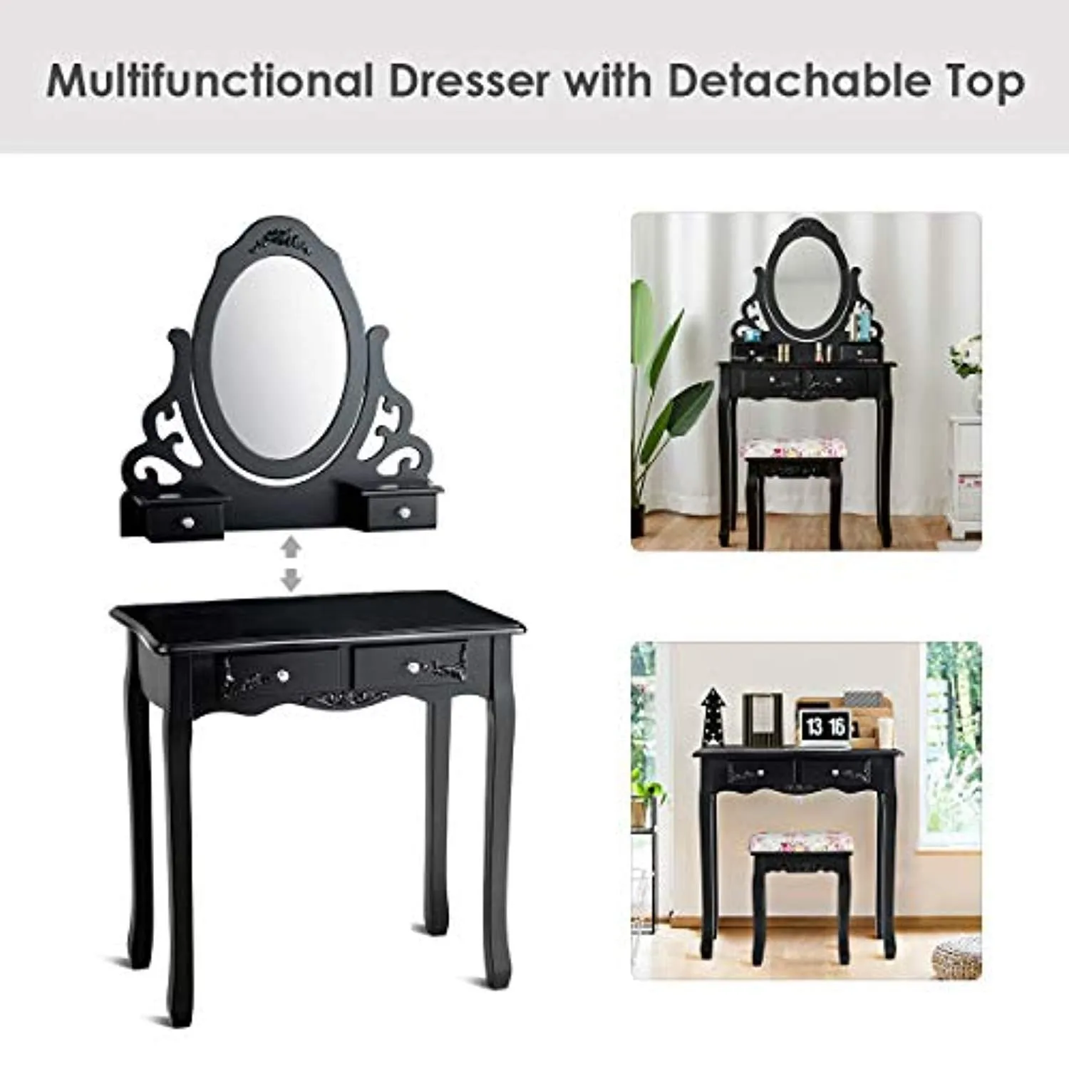 Vanity Dressing Table with Mirror and Stool, 360° Rotating Oval Makeup Mirror