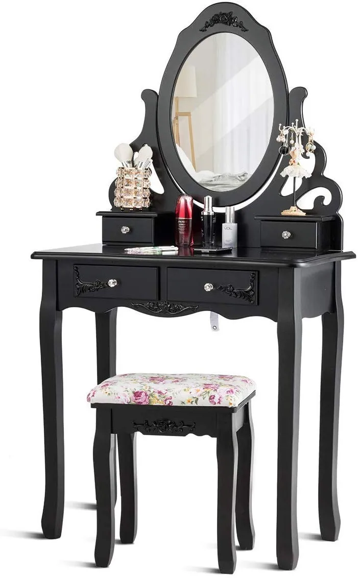 Vanity Dressing Table with Mirror and Stool, 360° Rotating Oval Makeup Mirror