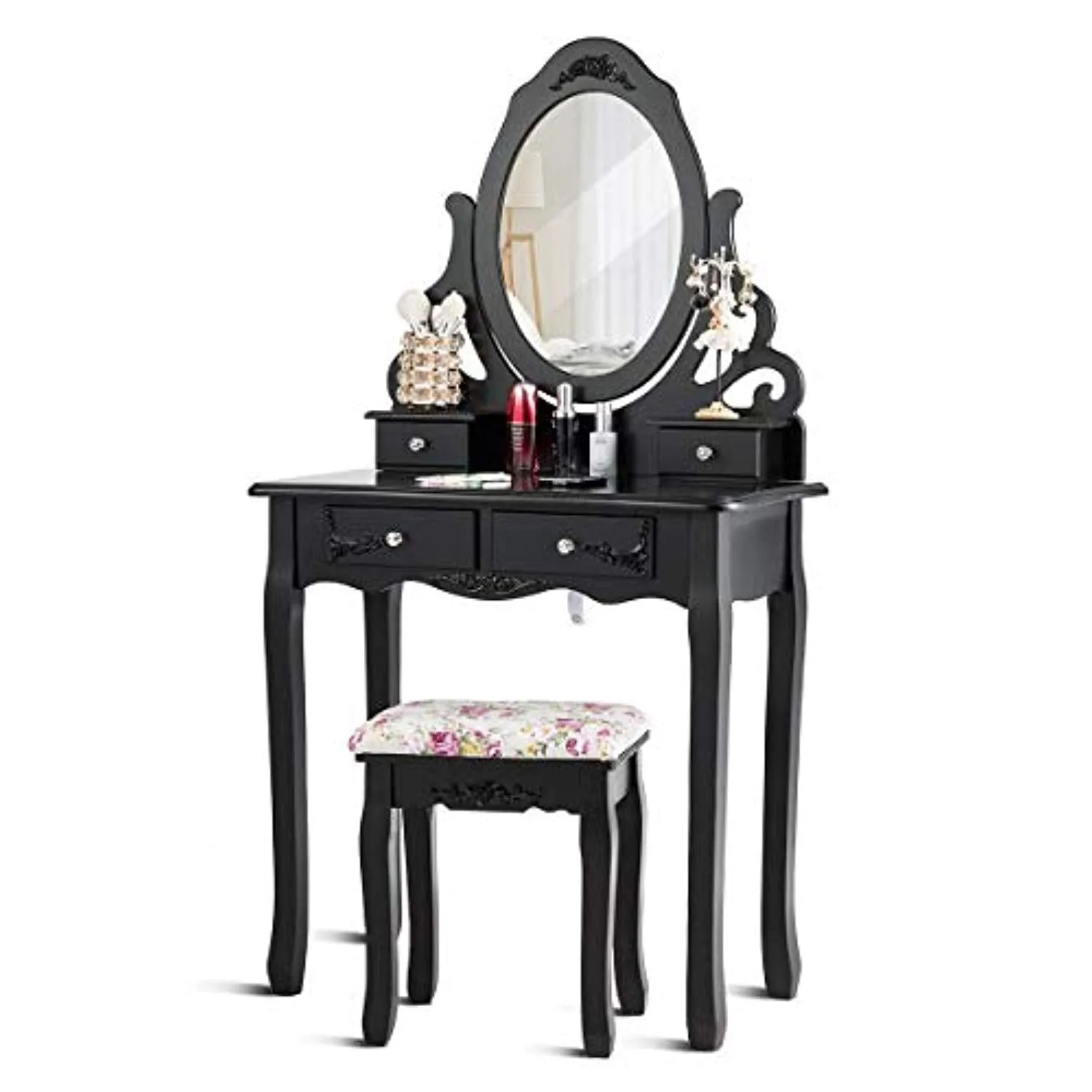 Vanity Dressing Table with Mirror and Stool, 360° Rotating Oval Makeup Mirror