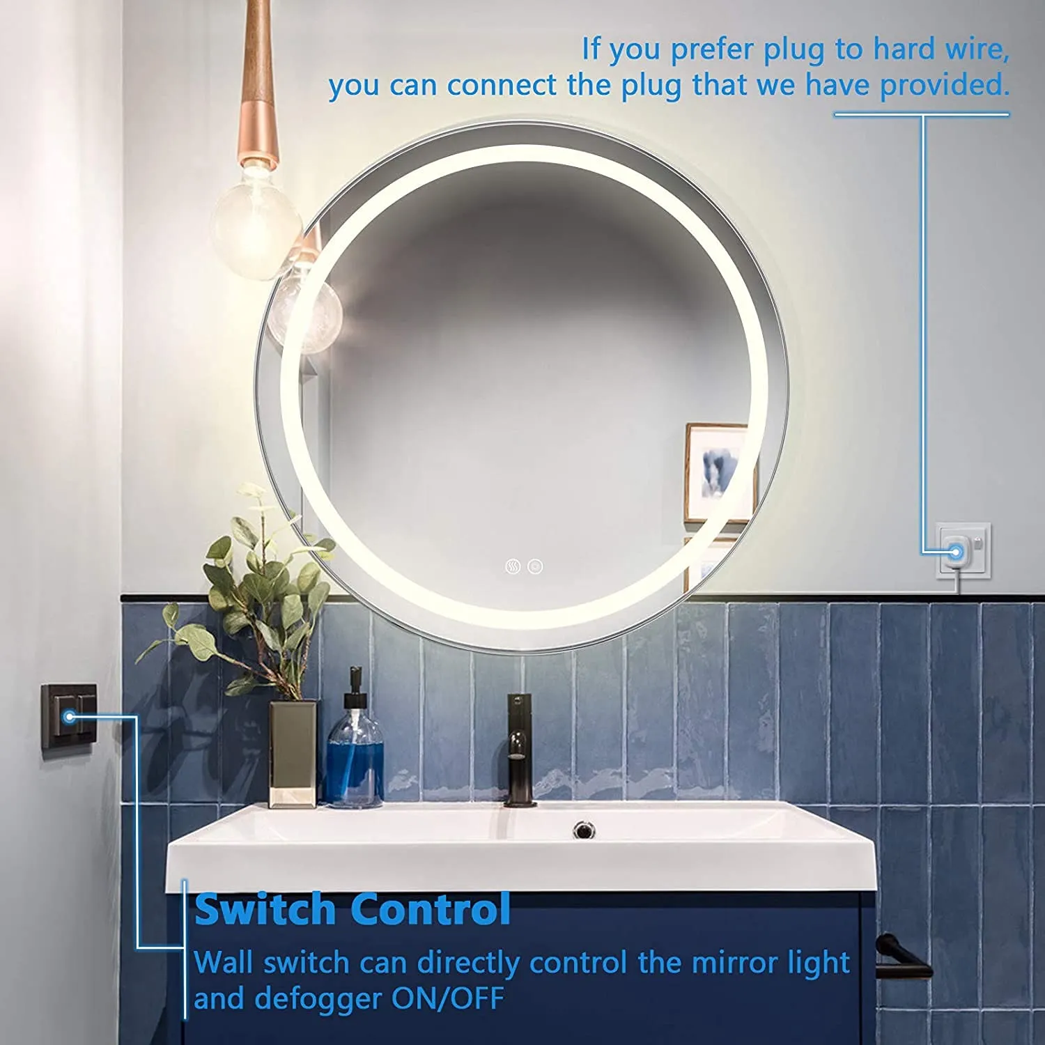 VENETIAN IMAGE 30 Inch Round Wall Mirror - Bathroom LED Lighting, Dimmable Vanity Mirror with PVC Frame, 4000K Plug-in/Hardwired Lighted Mirror for Bedroom & Living Room, CRI 80  (76cm)