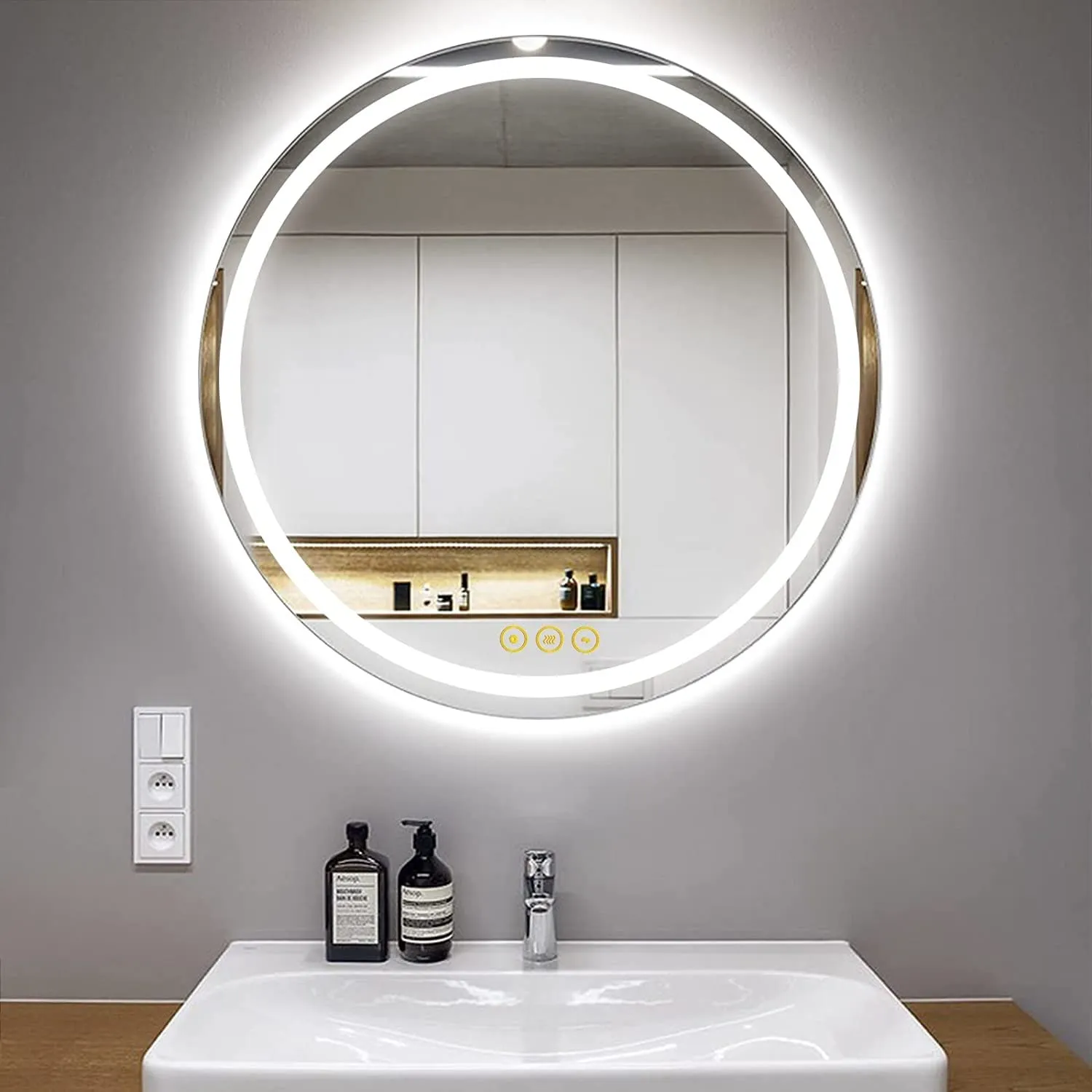 VENETIAN IMAGE 90CM Round LED Illuminated Mirror, Dimmable, Anti-Fog, 3-Color Lighting, Wall Mounted Vanity Mirror (36 Inches, Framed, Silver)