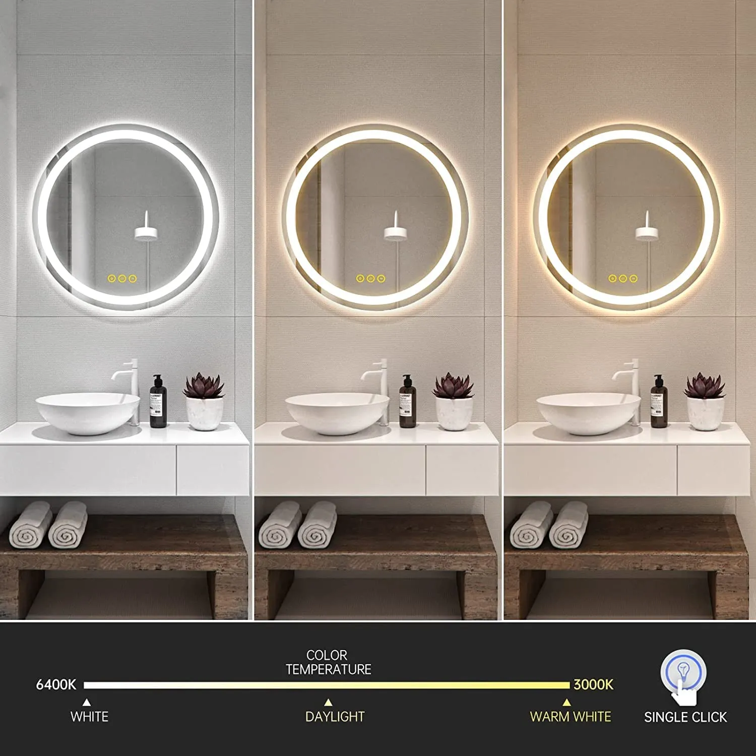VENETIAN IMAGE 90CM Round LED Illuminated Mirror, Dimmable, Anti-Fog, 3-Color Lighting, Wall Mounted Vanity Mirror (36 Inches, Framed, Silver)