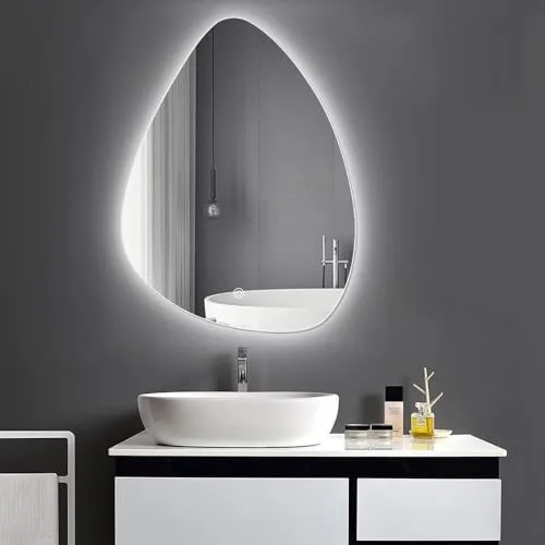 VENETIAN IMAGE Asymmetrical Style Wall Mounted Mirror, with Backlit Design, Illuminated Vanity Mirror,Three Colors with Dimmable and Antifog (50x65 CM)