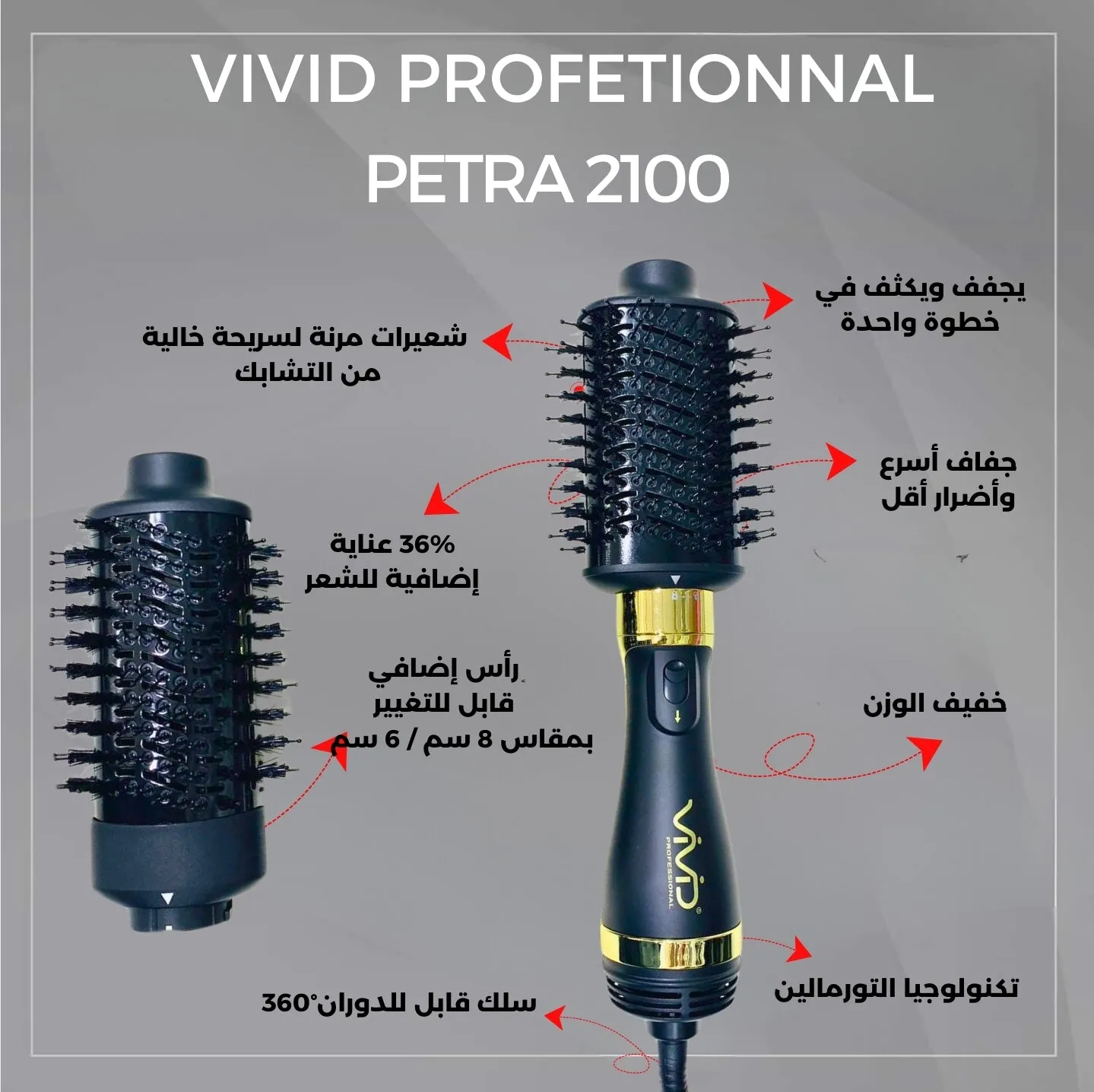 VIVID Professional Blow-dry Hot Air Heated Volumizer Hairdryer Brush,3 Adjustable Temperature,2 unique oval Brush Heads for mid to long hair, Anti-frizz Ceramic Barrel for Fast Drying and Styling.
