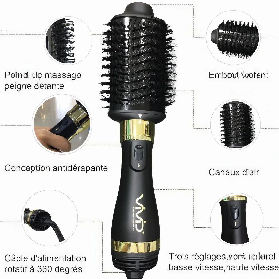 VIVID Professional Blow-dry Hot Air Heated Volumizer Hairdryer Brush,3 Adjustable Temperature,2 unique oval Brush Heads for mid to long hair, Anti-frizz Ceramic Barrel for Fast Drying and Styling.