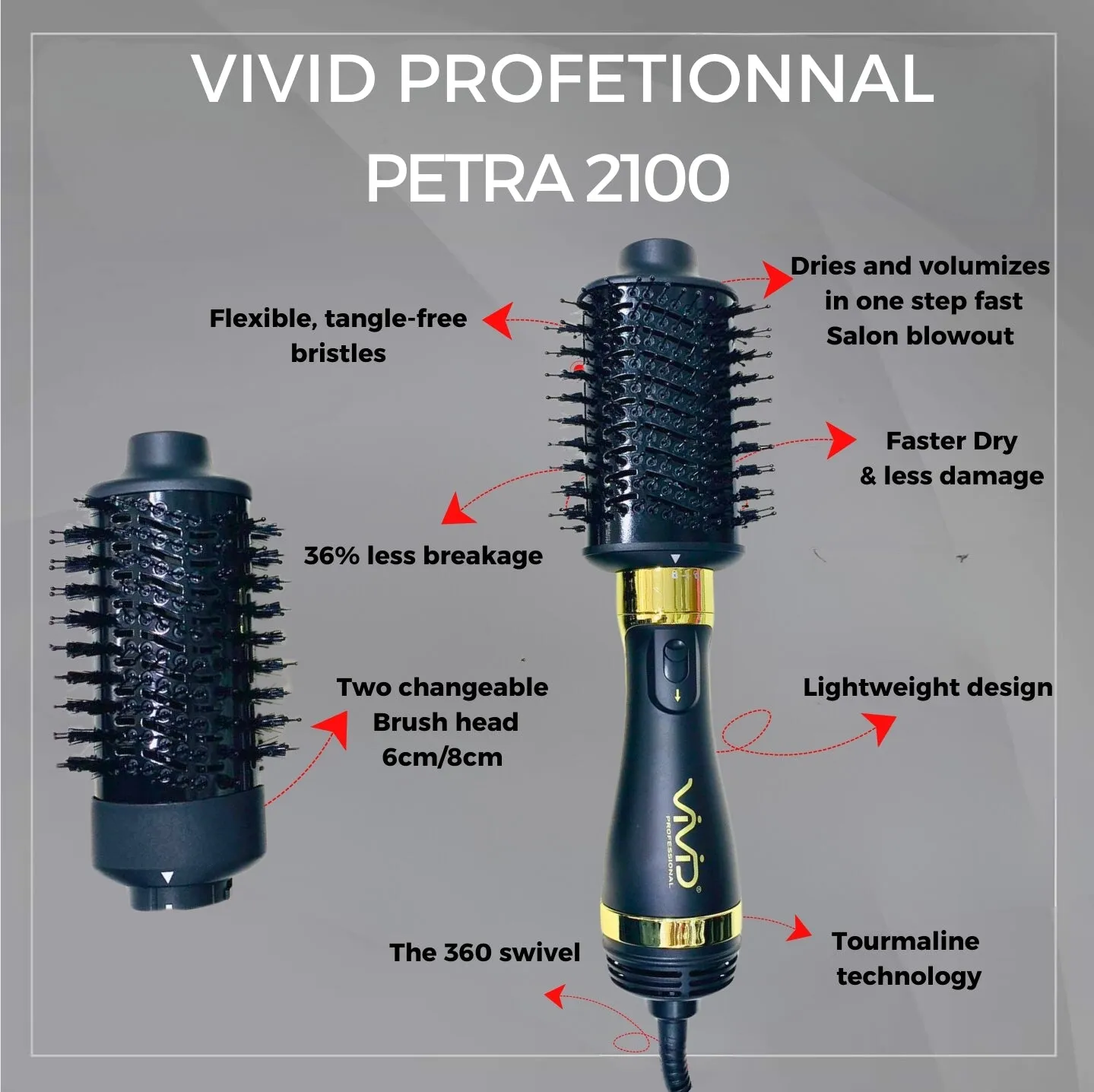 VIVID Professional Blow-dry Hot Air Heated Volumizer Hairdryer Brush,3 Adjustable Temperature,2 unique oval Brush Heads for mid to long hair, Anti-frizz Ceramic Barrel for Fast Drying and Styling.